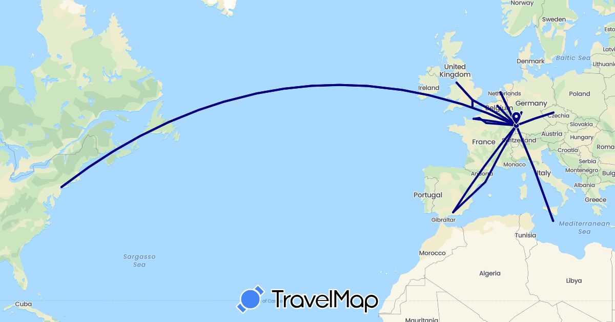 TravelMap itinerary: driving in Belgium, Czech Republic, Germany, Spain, France, United Kingdom, Malta, Netherlands, United States (Europe, North America)